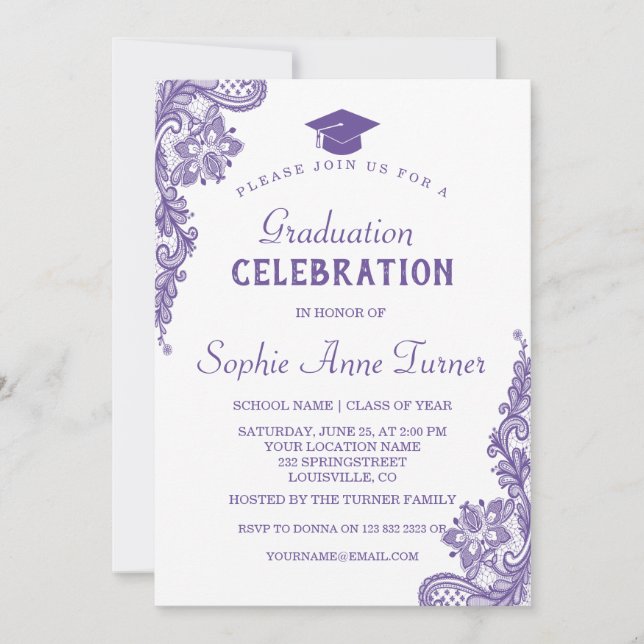 Modern Ultra Violet Lace Graduation Party Invitation (Front)