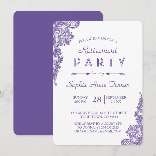 Modern Ultra Violet Lace Retirement Party Invite (Front/Back)