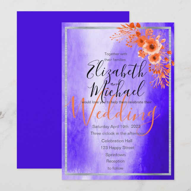 Modern Ultraviolet/ Purple / Orange  Floral Invitation (Front/Back)