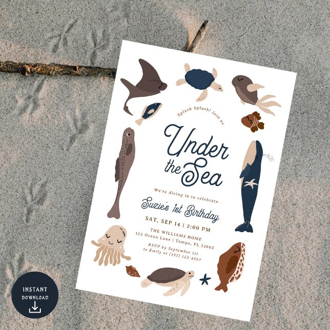 Modern Under the Sea 1st Birthday Invitation (Creator Uploaded)