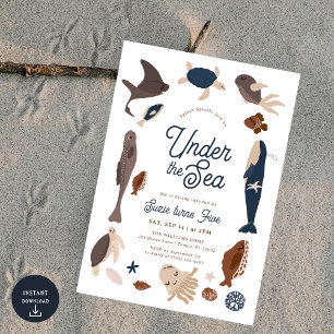 Modern Under the Sea 5th Birthday Invitation