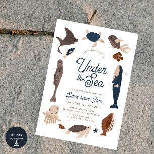 Modern Under the Sea 5th Birthday Invitation