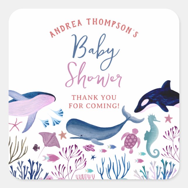 Modern Under the Sea Gender Neutral Baby Shower Square Sticker (Front)