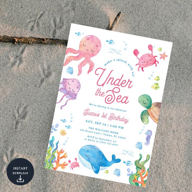 Modern Under the Sea Kids 1st Birthday Party Invit Invitation (Creator Uploaded)