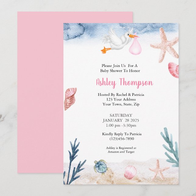 Modern Under the Sea Stork Pink  Invitation (Front/Back)