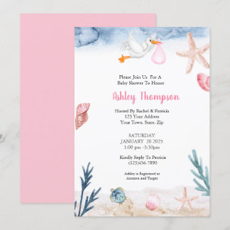 Modern Under the Sea Stork Pink Invitation