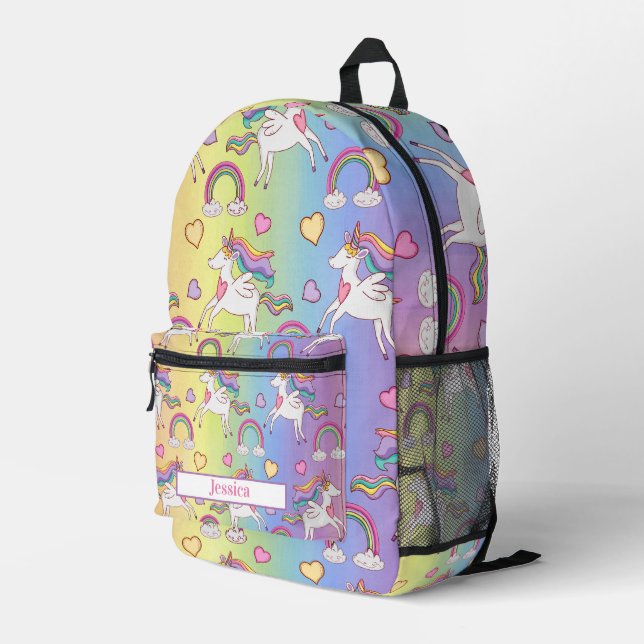 Modern Unicorn and Rainbow Pattern Custom Name Printed Backpack (Back Corner Right)