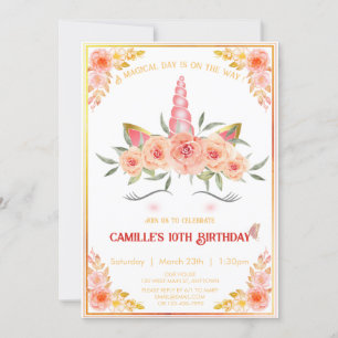 modern unicorn face with florals girl birthday  invitation