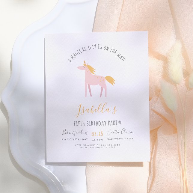 Modern Unicorn & Faux Gold Rainbow Birthday Party Invitation Postcard (Creator Uploaded)