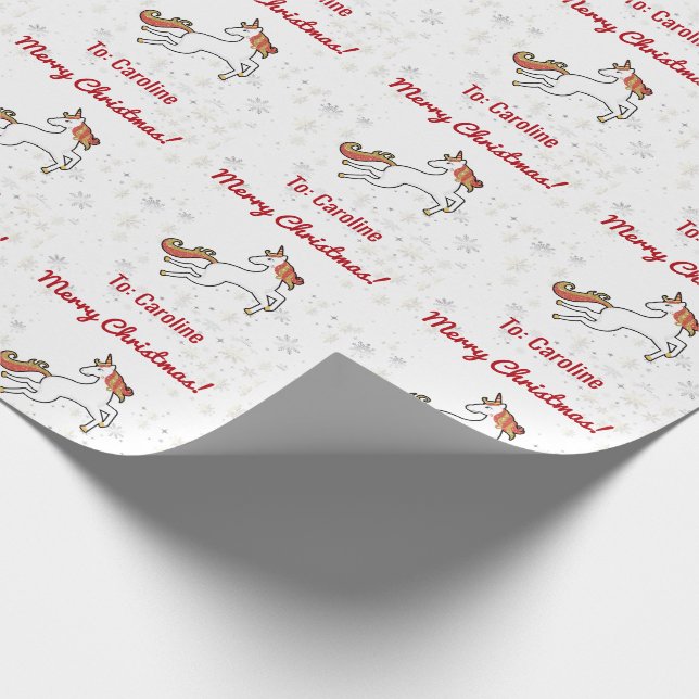 Modern Unicorn Glitter Snowflakes Name Merry Xmas Wrapping Paper (Corner)