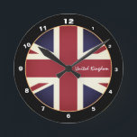 Modern Union Jack Flag, Vintage British, UK Round Clock<br><div class="desc">WALL CLOCK: Patriotic vintage United Kingdom & British Flag home design UK (Great Britain) - love my country,  travel,  holiday,  country patriots / sports fans</div>