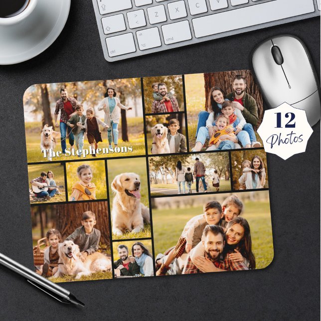 Modern Unique 12 Photo Collage Name Mouse Mat (Creator Uploaded)