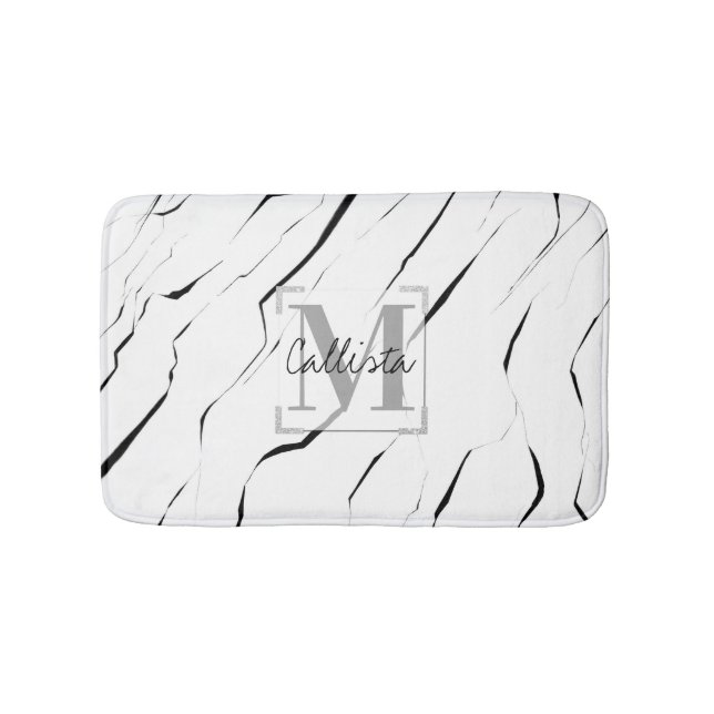 Modern Unique Black White Marble Monogram Bath Mat (Front)