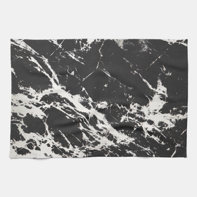 Modern Unique Black White Marble Stone Pattern Tea Towel (Horizontal)