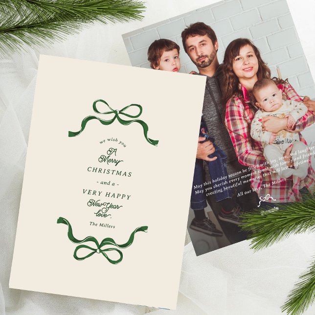 Modern Unique Christmas Bows Cream & Green Photo Holiday Card (Creator Uploaded)