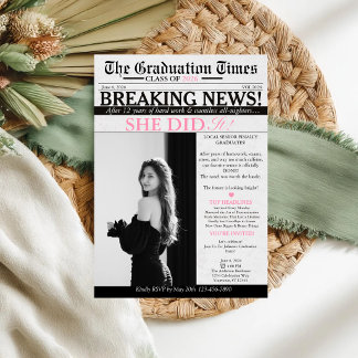 Modern Unique Fun Photo Newspaper Graduation  Invitation
