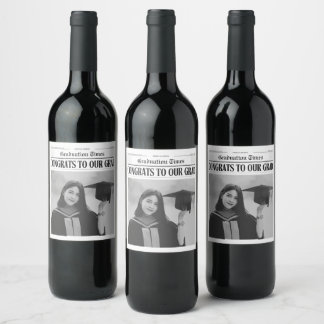 Modern unique funny photo newspaper graduation wine label