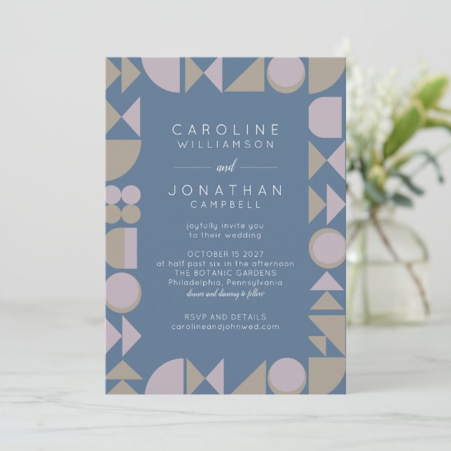 Modern Unique Geometric Dusty Blue Wedding Invitation (Standing Front)