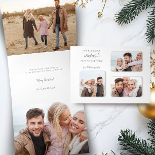Modern Unique Holiday 3-Photo Dimensional Grid Tri-Fold Holiday Card