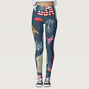 Modern unique navy blue Paris London USA map Stamp Leggings