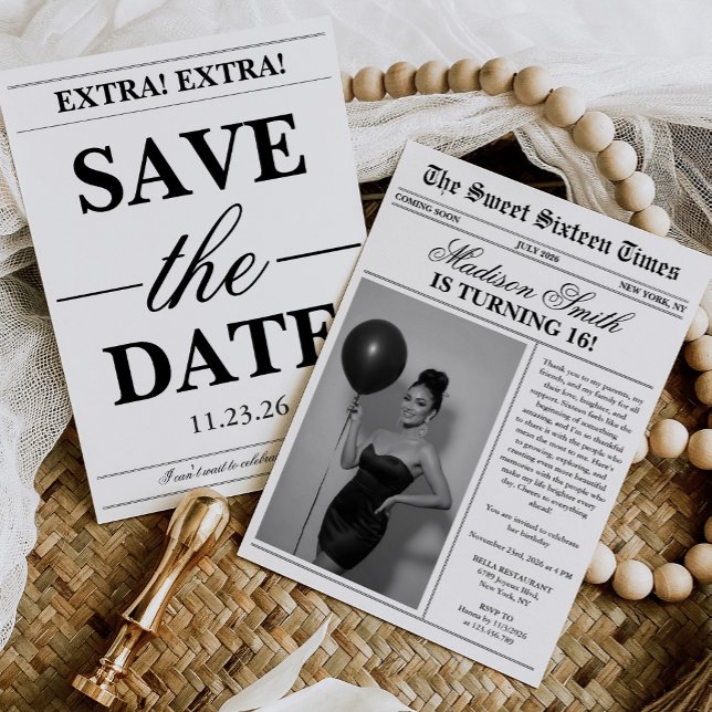 Modern Unique Newspaper Photo Sweet 16 Invitation (Creator Uploaded)