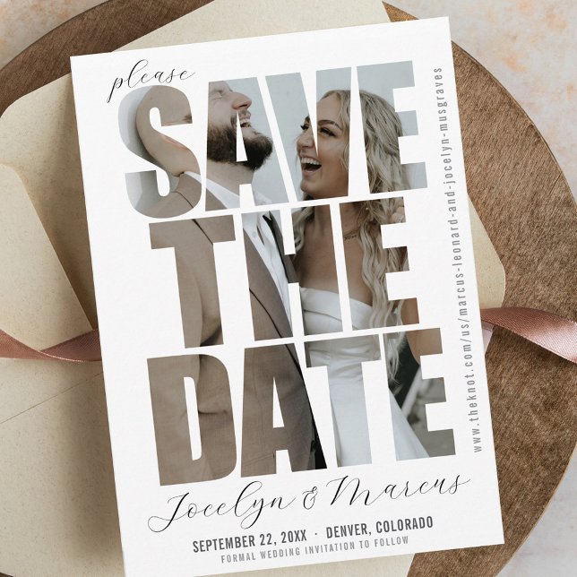 Modern Unique Photo Simple Wedding Save the Date (Unique simple modern elegant engagement photo script website wedding invitation save the date)