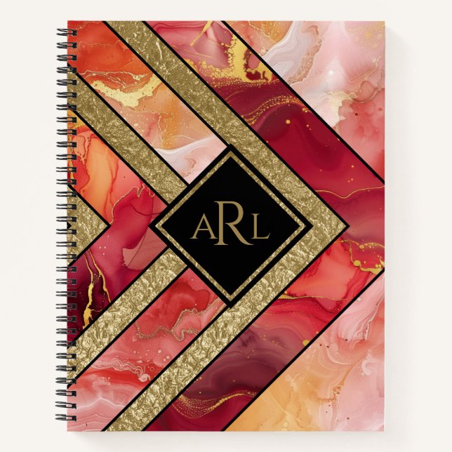 Modern Unique Red Gold Geometric Personalised Notebook (Front)