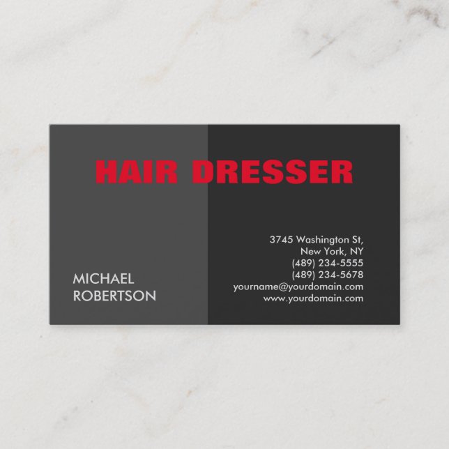 Modern Unique Red Grey Hair Dressser Business Card (Front)