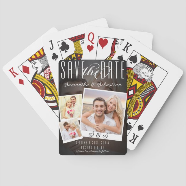 Modern Unique Script 3 Photo Wedding Save The Date Playing Cards (Back)