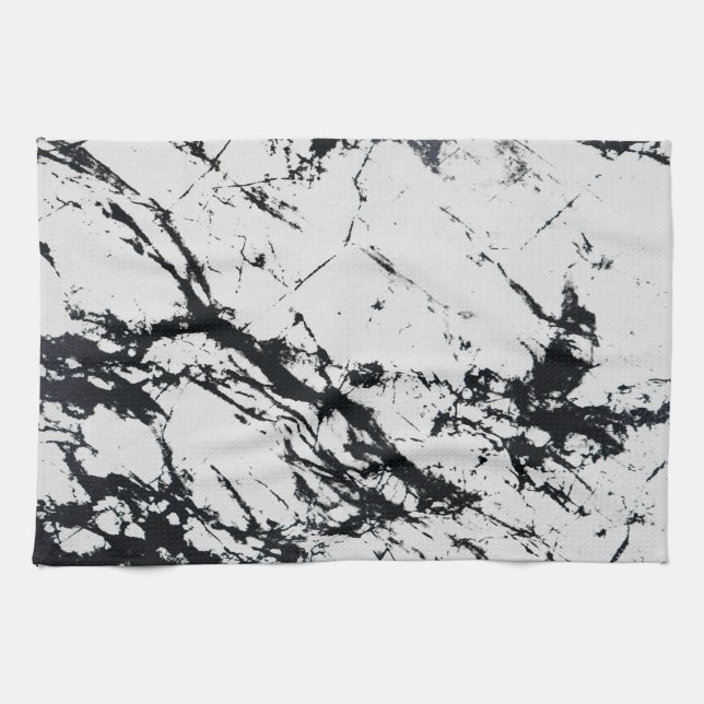 Modern Unique White Black Marble Stone Pattern Tea Towel (Horizontal)