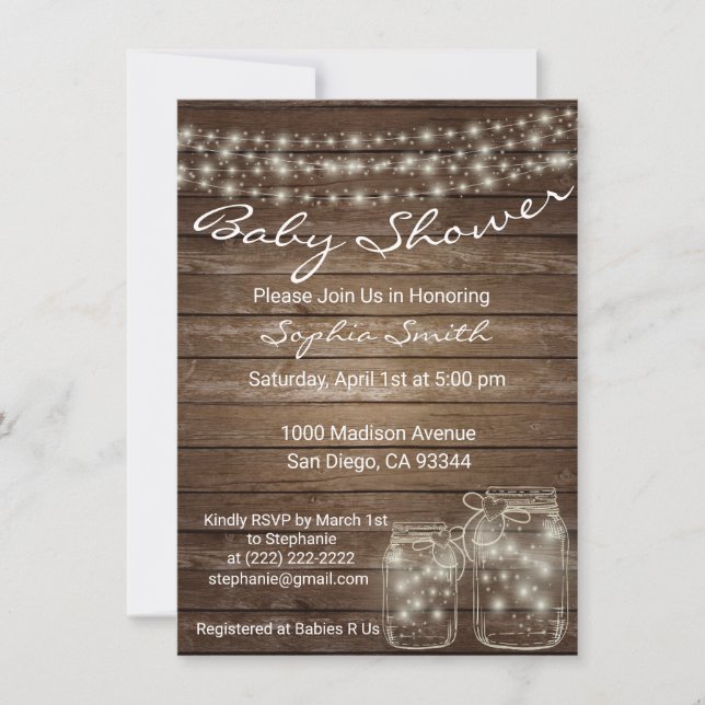 Modern Unique Wood Rustic Mason Jar Baby Shower Invitation (Front)
