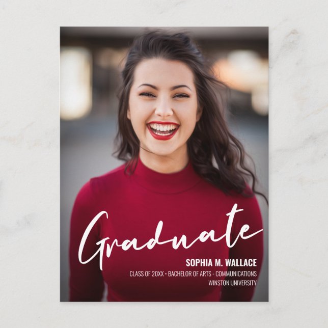 Modern University Graduate Script Custom Photo Announcement Postcard (Front)
