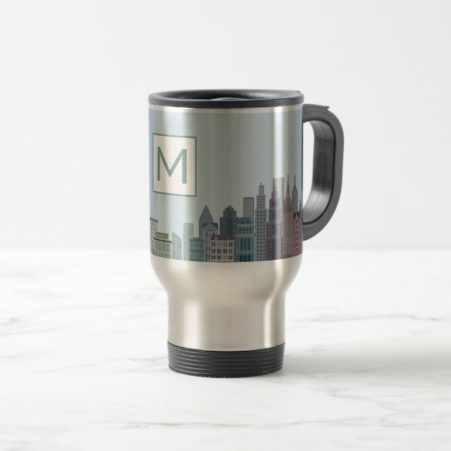Modern Urban Cityscape Art Monogram Travel Mug (Front Right)
