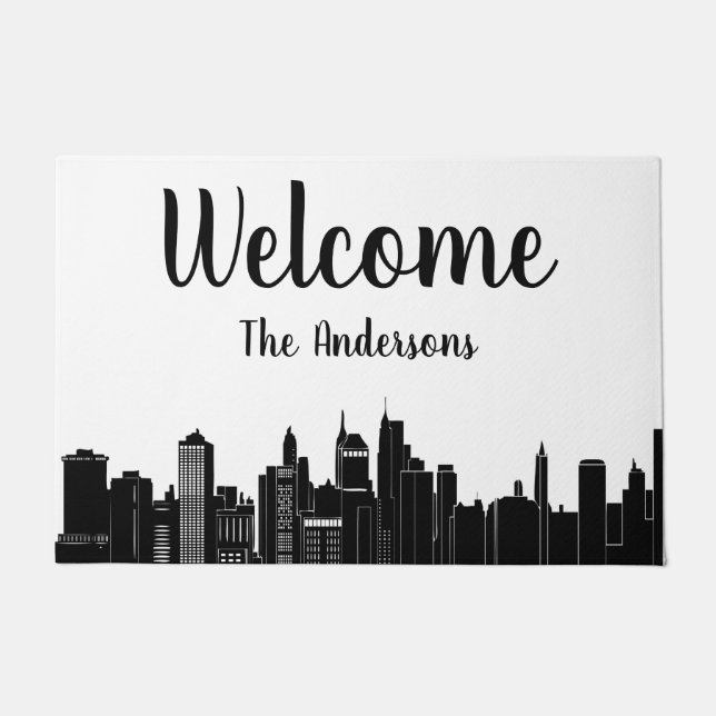 Modern Urban Cityscape Welcome Hand Lettering Doormat (Front)
