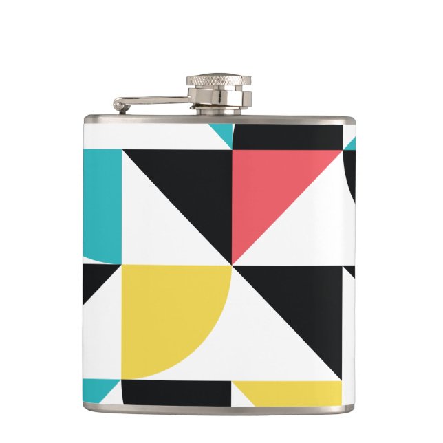 Modern, urban, colourful, fun geometric pattern hip flask (Front)