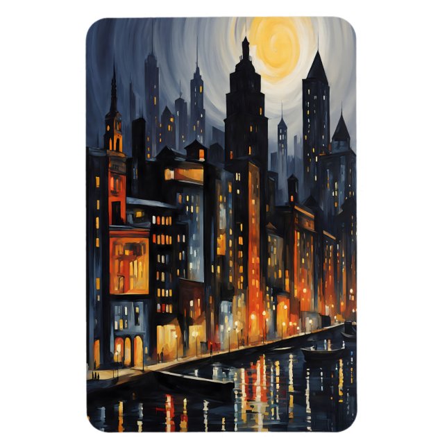 Modern Urban Nightscape – City Skyline at Dusk Art Magnet (Vertical)