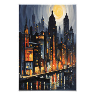 Modern Urban Nightscape – City Skyline at Dusk Art Photo Print