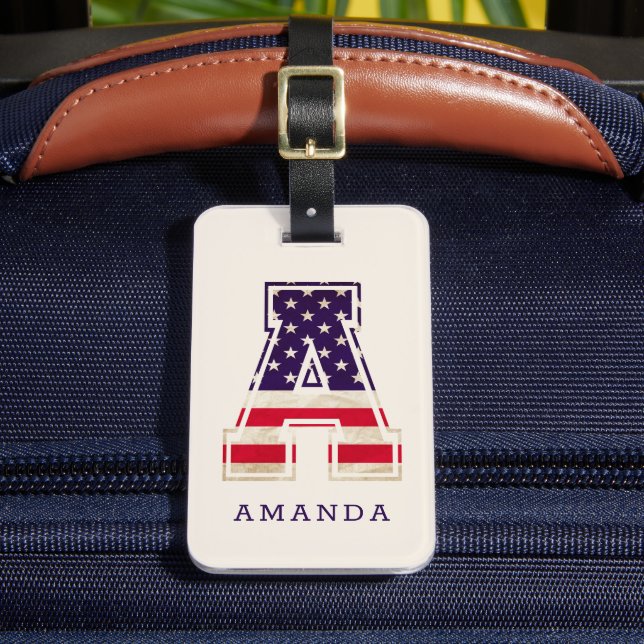Modern USA American Flag Monogram A Luggage Tag (Front Insitu 2)