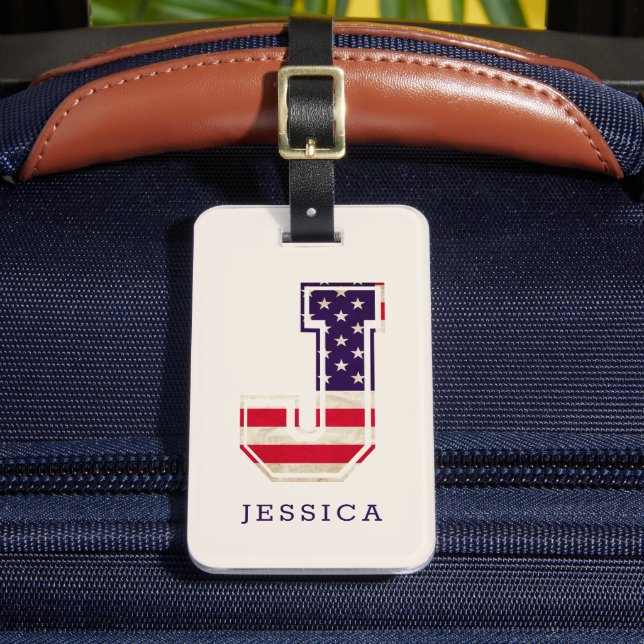 Modern USA Flag Monogram J Luggage Tag (Front Insitu 2)