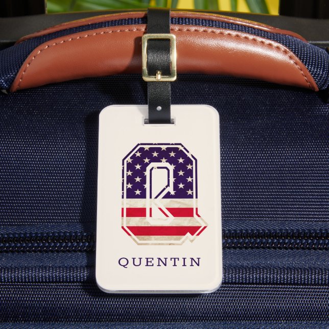 Modern USA Flag Monogram Q Luggage Tag (Front Insitu 2)