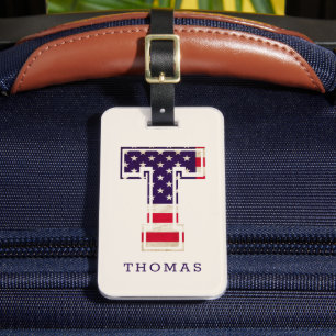 Modern USA Flag Monogram T Luggage Tag