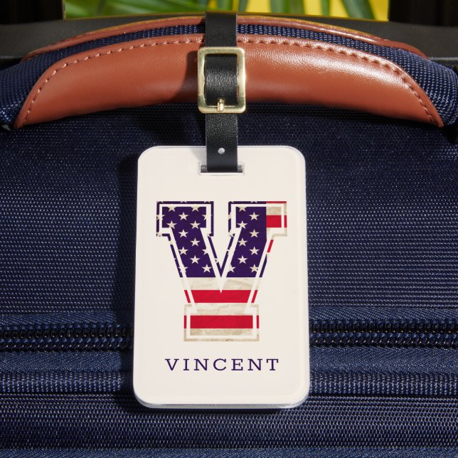 Modern USA Flag Monogram V Luggage Tag (Front Insitu 2)