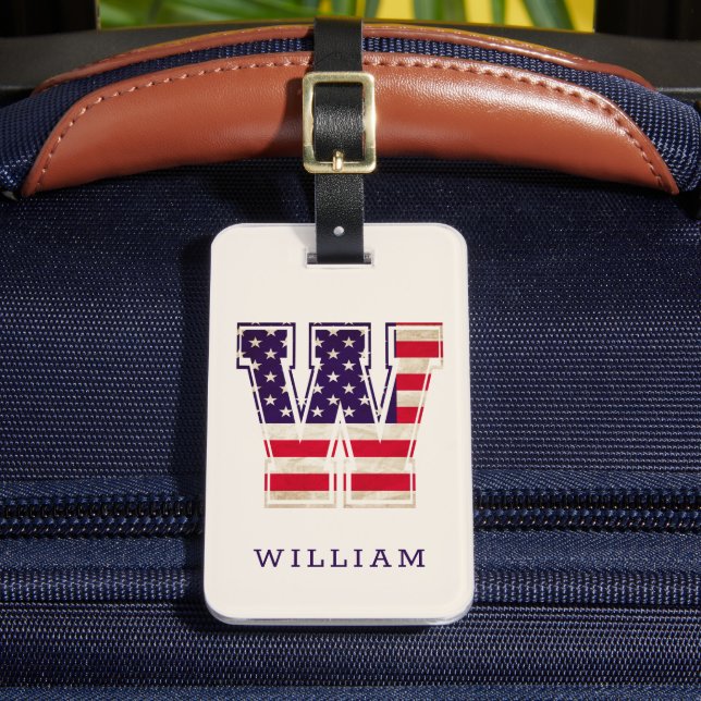 Modern USA Flag Monogram W Luggage Tag (Front Insitu 2)