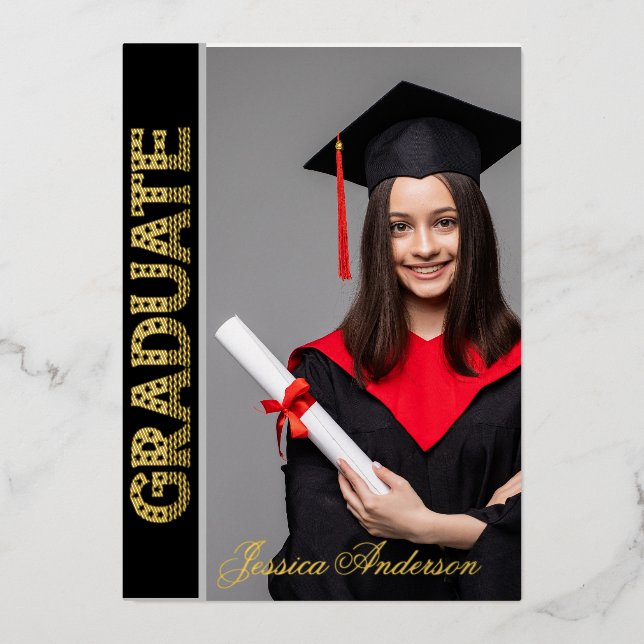 Modern Usa Gold Font | Photo Graduation Party   Foil Holiday Card (Front)