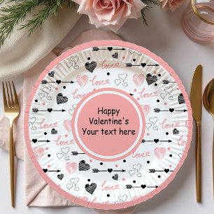 Modern Valentine Pink Black Hearts Sketch Plates