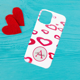 Modern Valentine red hearts with monogram and name iPhone 12 Case