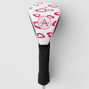 Modern Valentine red hearts with monogram and name Golf Head Cover