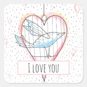 Modern Valentine’s Love Heart and Bird Square Sticker