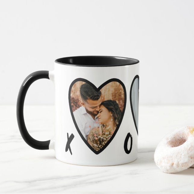 Modern Valentines Black Hearts Photo Collage Mug (With Donut)