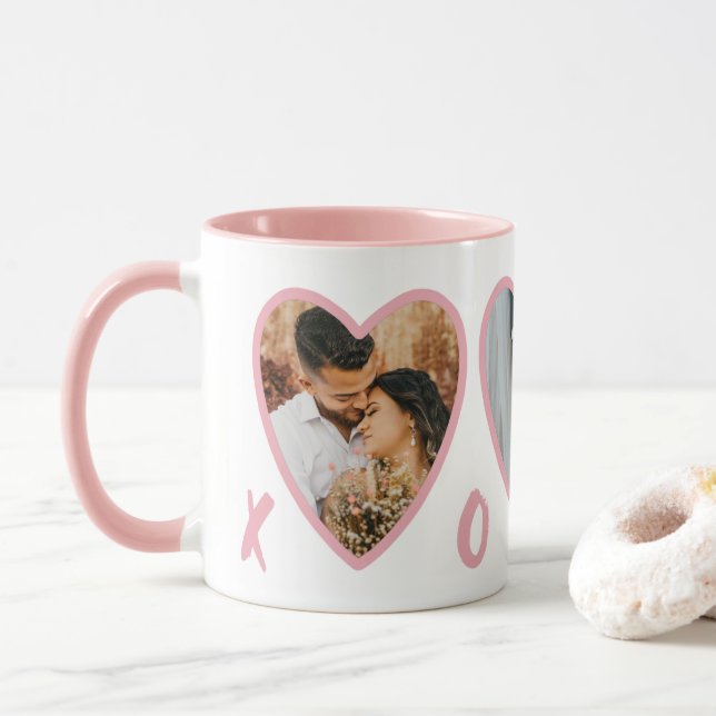Modern Valentines Blush Pink Hearts Photo Mug (With Donut)